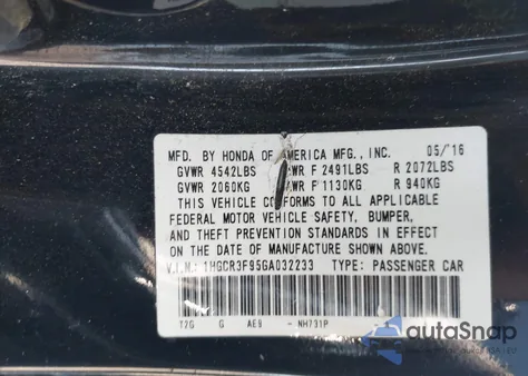 2016 Honda Accord Touring из США, поврежденный, VIN 1HGCR3F95GA032233